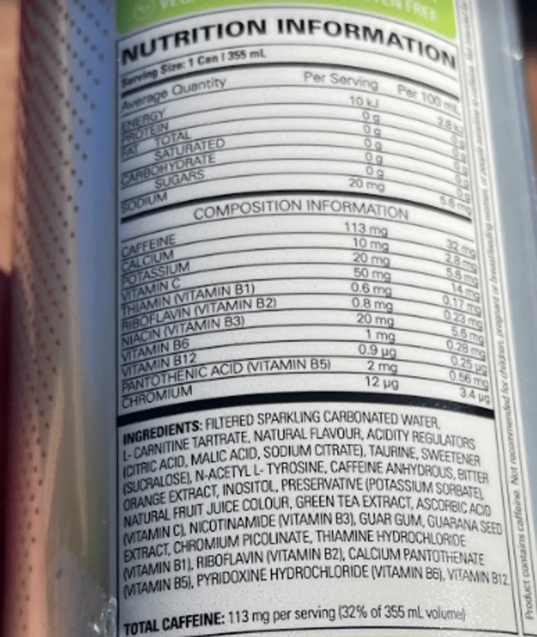 Nutrition facts of OxyShred Energy Drink.