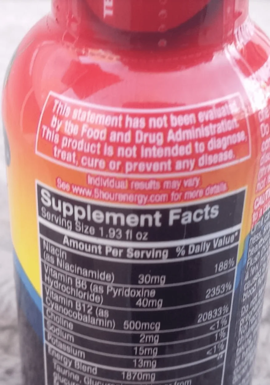 Nutrition facts of 5-Hour Energy.