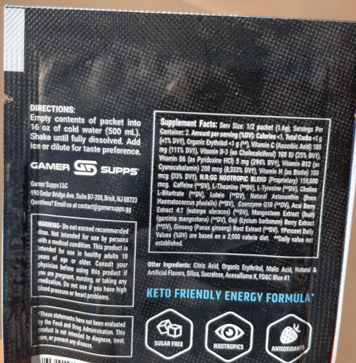 Nutrition facts of GG Energy Drink.