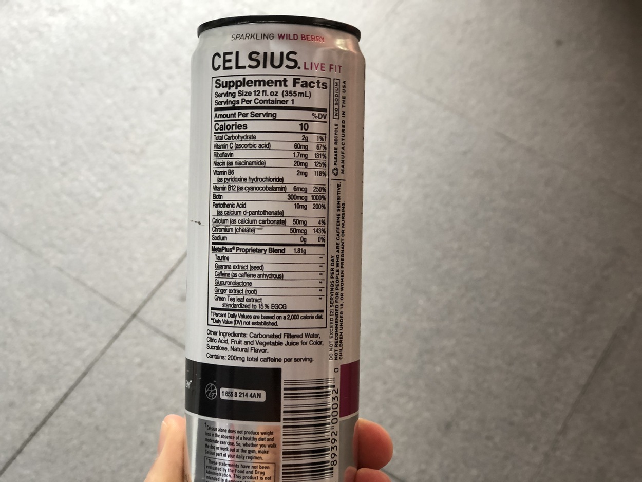 Nutrition facts of Celsius Energy.