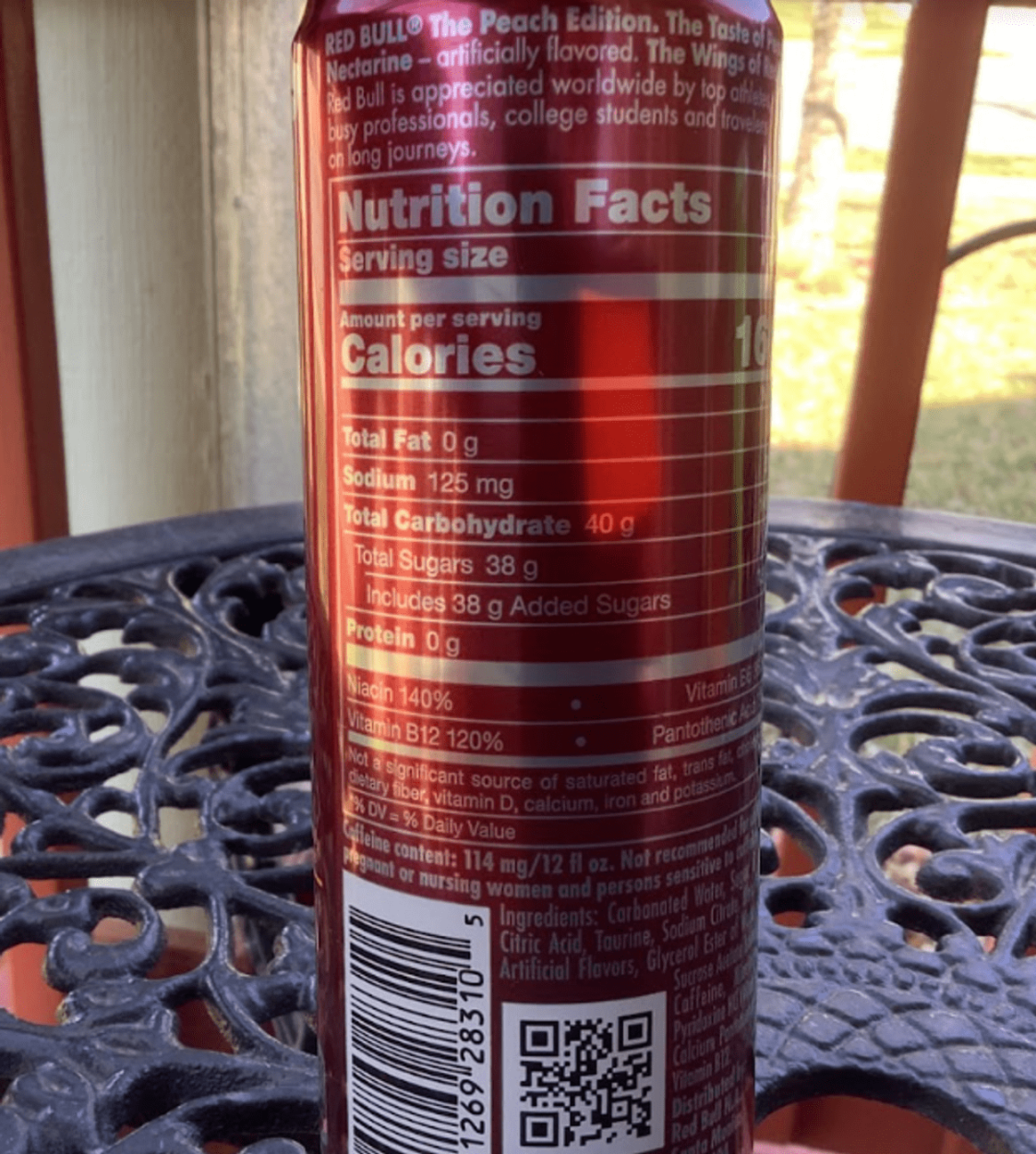 Nutrition facts of Red Bull Peach Edition.