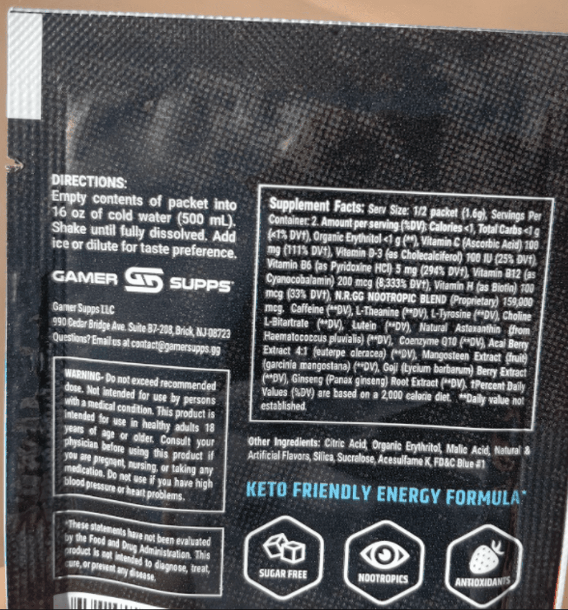 Nutrition facts of GamerSupps GG.
