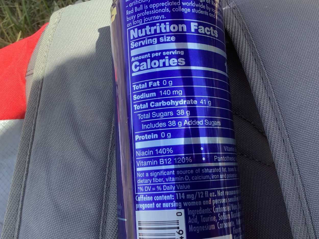 Nutrition facts of Red Bull Blue Edition.