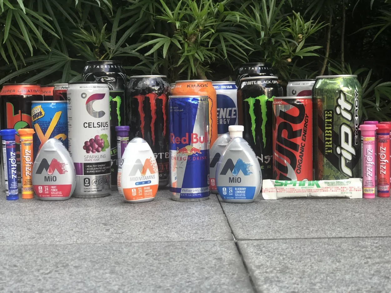 Assorted brands of energy drinks