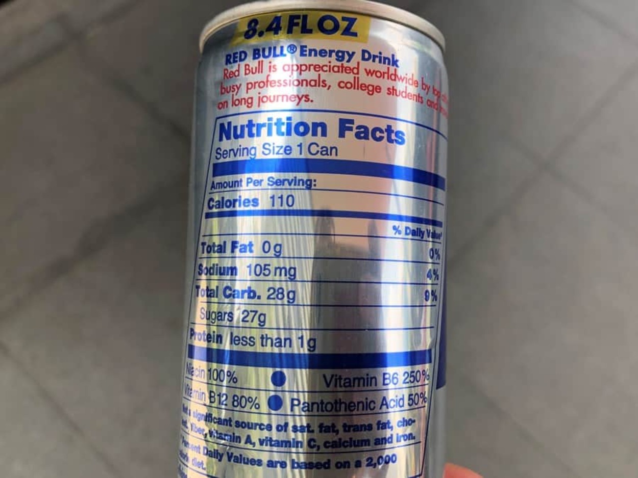 Nutrition facts of Red Bull Energy Drink.