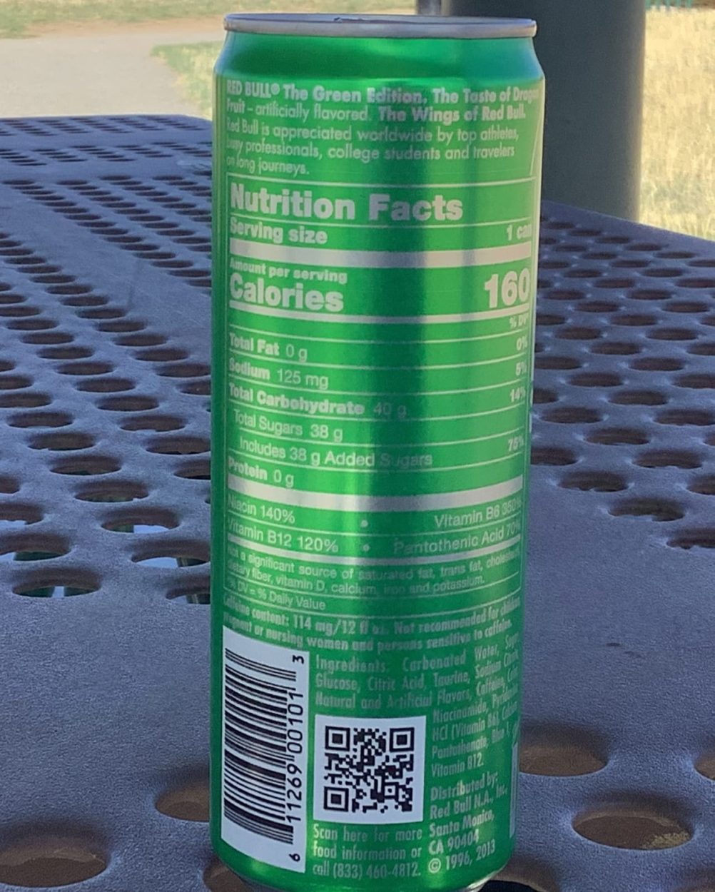 Nutrition facts of Red Bull Green Edition.