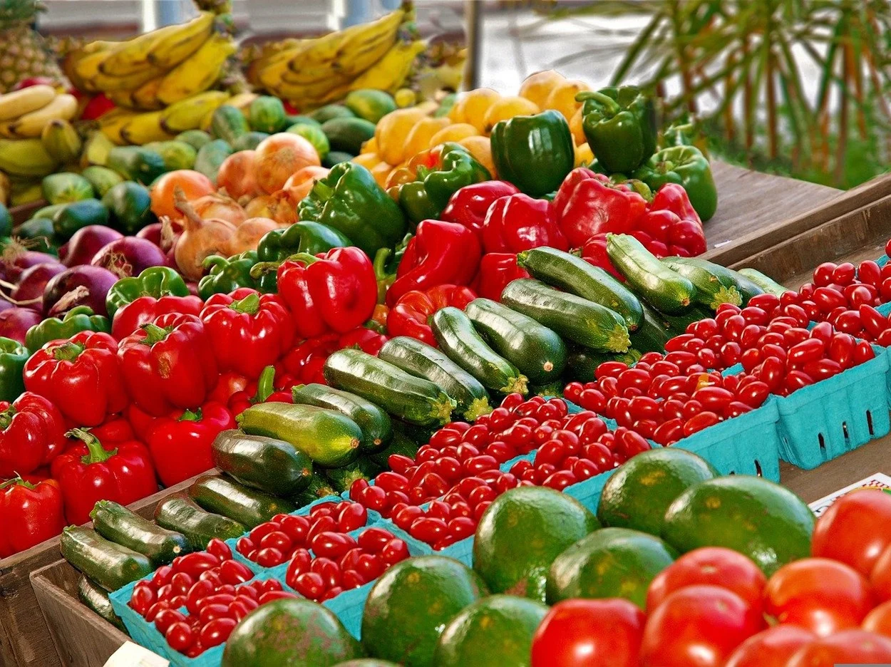 Fresh fruits and vegetables.