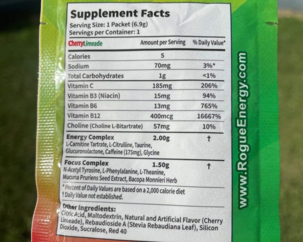 Nutrition facts of Rogue Energy.