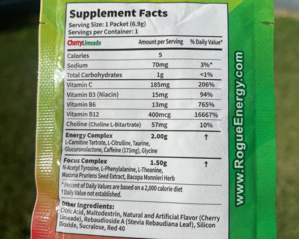 Nutrition facts of Rogue Energy Drink.