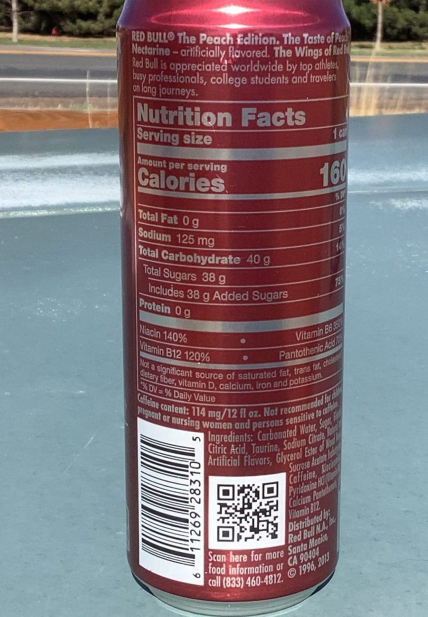 Nutrition facts of Red Bull Peach Edition.